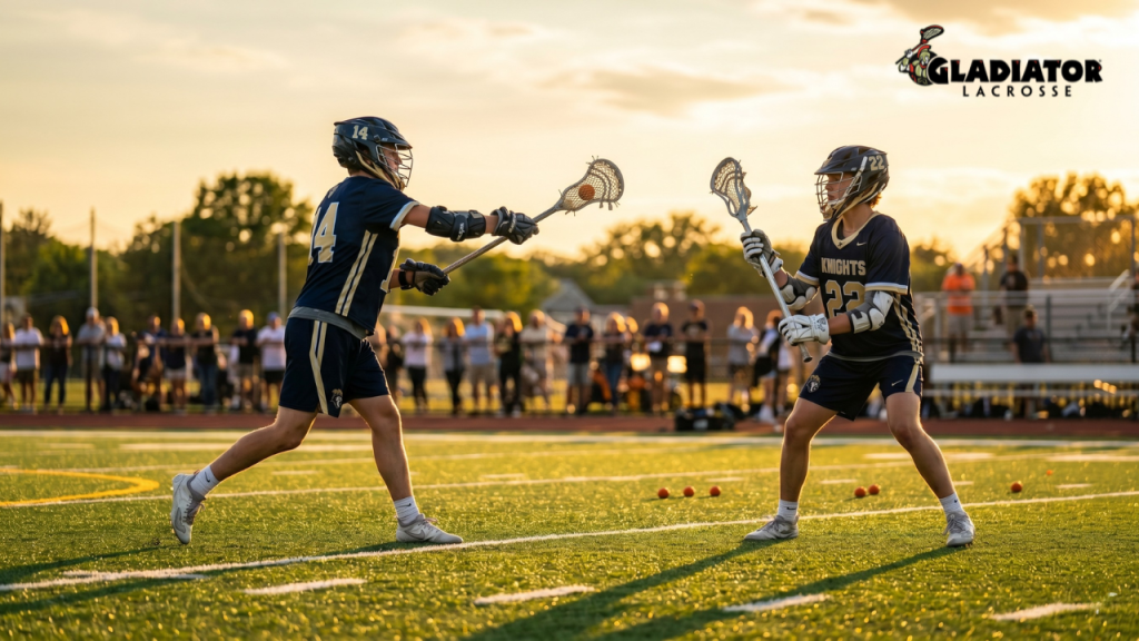 Youth lacrosse players practicing partner passing drill on turf field at golden hour — beginner-friendly lacrosse training for all positions.