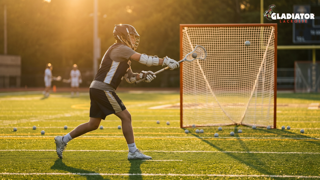 Youth lacrosse attack player shooting toward a regulation goal during golden hour practice on a green turf field