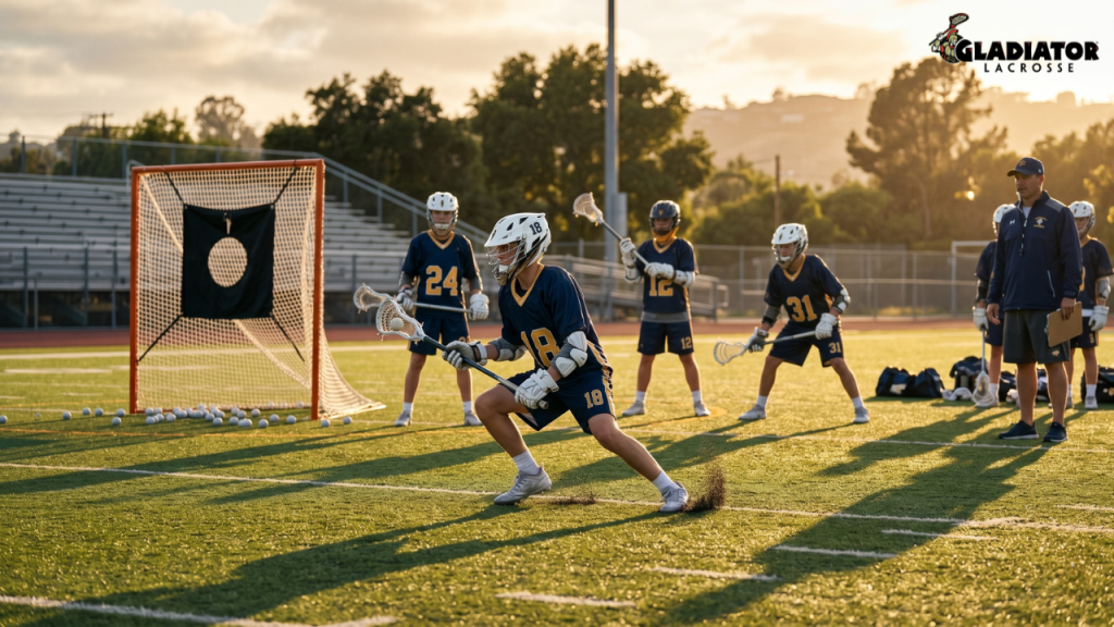 Youth lacrosse players practicing attack position drill on turf field during golden hour with regulation goal and coaching instruction