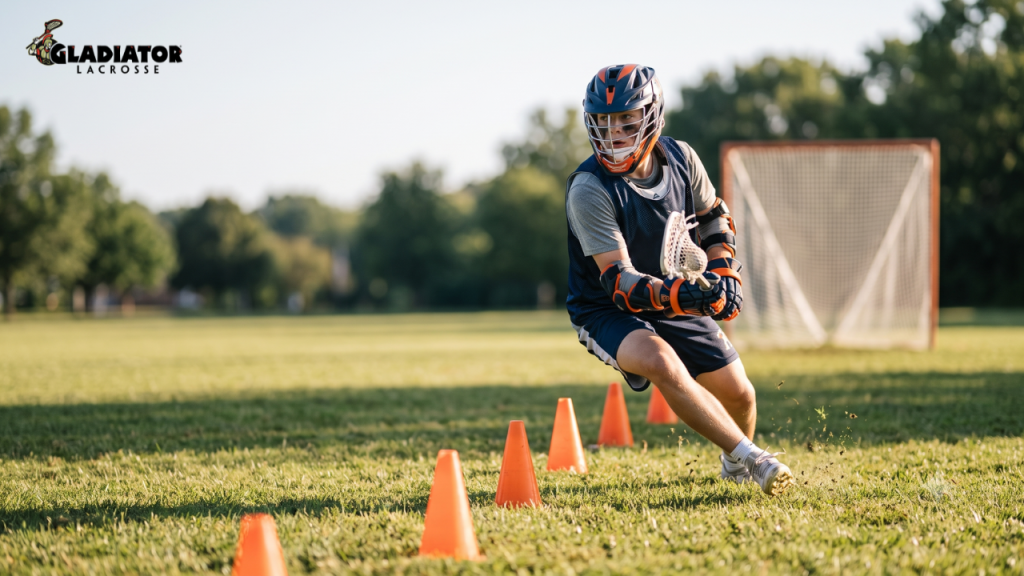 Youth lacrosse player performing an explosive cone footwork drill while carrying a lacrosse stick to improve agility, balance, and game-speed movement.