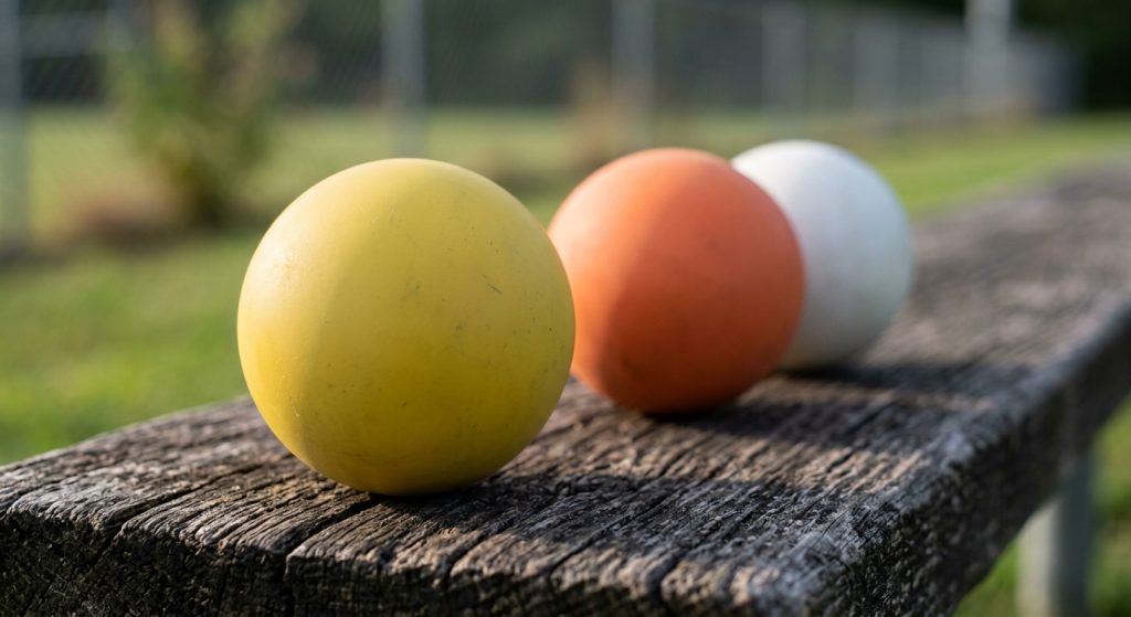 Three lacrosse balls in yellow, orange and white resting on a wooden bench, photographed close up so the matte solid rubber surface texture is clearly visible.