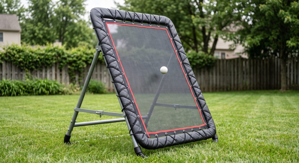 A free-standing lacrosse rebounder on a backyard lawn, showing its dark solid rebound panel, padded black border with bungee loops and grey folding A-frame legs, with a ball in mid-air in front of it.