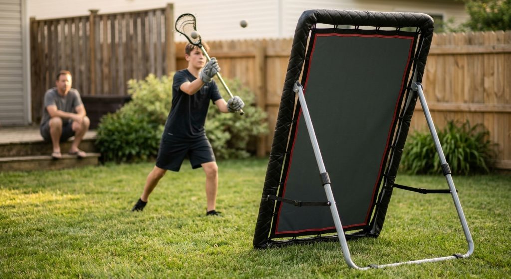 A young lacrosse player catching a ball in a backyard beside a free-standing rebounder with a dark rebound panel, padded black border and grey folding legs, with a parent watching from the back step.