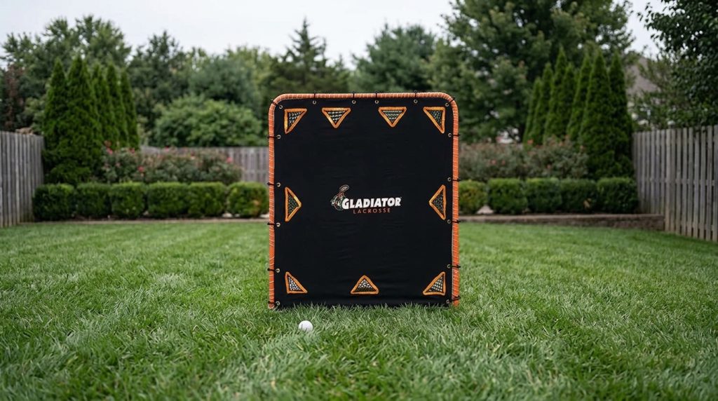 A black lacrosse shooting target with nine orange-outlined triangular openings fitted over the front of an orange-framed lacrosse goal, held on by black bungee loops around the perimeter.
