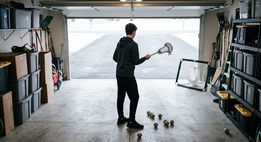 A young lacrosse player cradling in a cleared garage lane in winter, with soft fabric-surfaced training balls on the concrete floor and a small catching target propped against the back wall.
