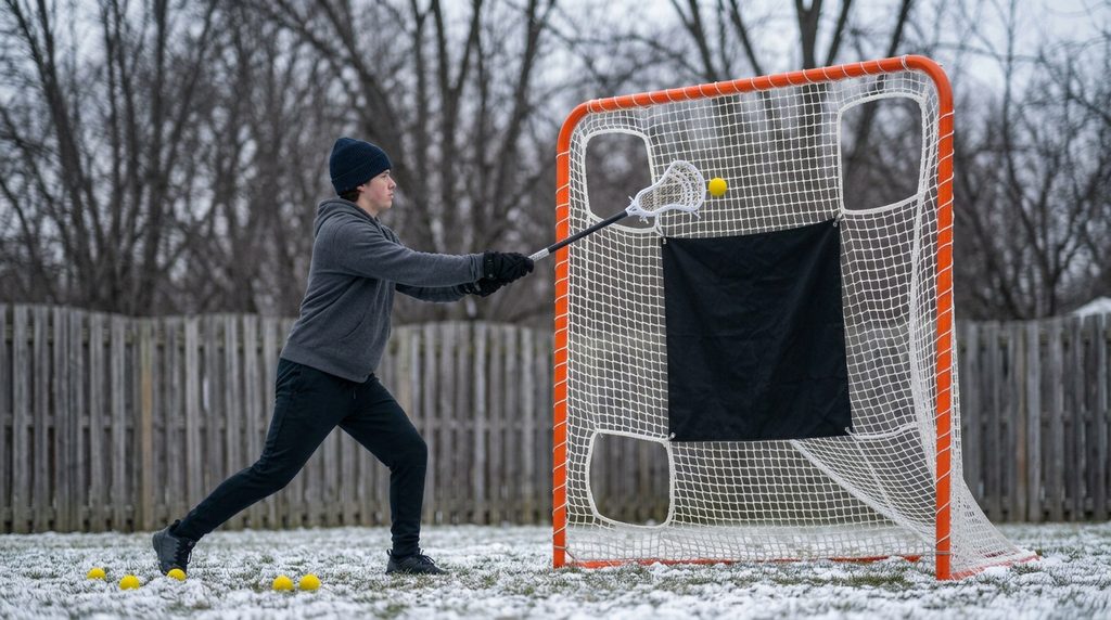 A high school lacrosse player shoots into the top corner of an orange backyard goal fitted with corner targets on a frosty morning.